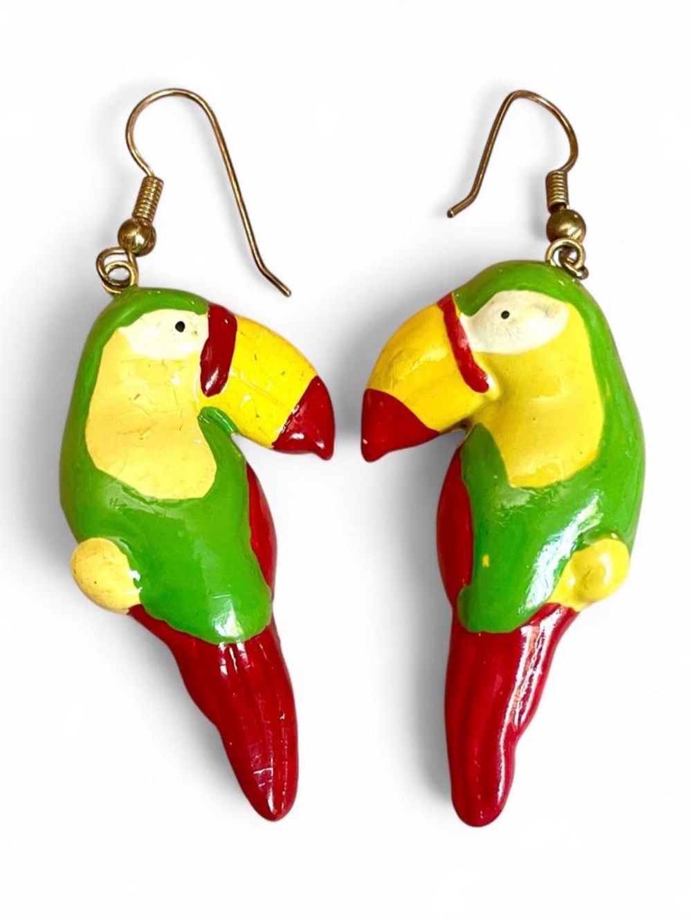 Vintage Handmade Painted Wood Parrot Earrings Tropical Folk Art Artisan Coastal